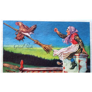 Easter Witch Postcard Glad Pask Rooster Steals Broom And Tea Pot Curt Nystrom
